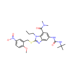 CCCn1c(SCc2cc([N+](=O)[O-])ccc2OC)nc2cc(NC(=O)NC(C)(C)C)cc(C(=O)N(C)C)c21 ZINC000028524758