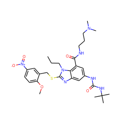 CCCn1c(SCc2cc([N+](=O)[O-])ccc2OC)nc2cc(NC(=O)NC(C)(C)C)cc(C(=O)NCCCN(C)C)c21 ZINC000028525159