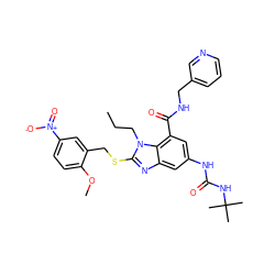 CCCn1c(SCc2cc([N+](=O)[O-])ccc2OC)nc2cc(NC(=O)NC(C)(C)C)cc(C(=O)NCc3cccnc3)c21 ZINC000028522786