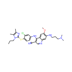 CCCn1c(Sc2ccc(Nc3c(C#N)cnc4cc(NCCCN(C)C)c(OC)cc34)cc2Cl)nc(C)c1C ZINC000044362069