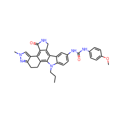 CCCn1c2ccc(NC(=O)Nc3ccc(OC)cc3)cc2c2c3c(c4c(c21)CCc1nn(C)cc1-4)C(=O)NC3 ZINC000036338928