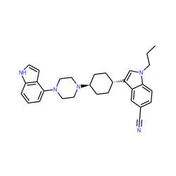 CCCn1cc([C@H]2CC[C@H](N3CCN(c4cccc5[nH]ccc45)CC3)CC2)c2cc(C#N)ccc21 ZINC000101180820