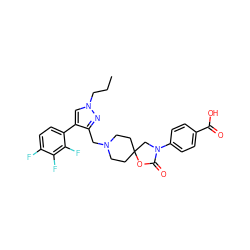 CCCn1cc(-c2ccc(F)c(F)c2F)c(CN2CCC3(CC2)CN(c2ccc(C(=O)O)cc2)C(=O)O3)n1 ZINC000144553552