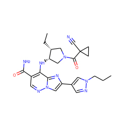 CCCn1cc(-c2cn3ncc(C(N)=O)c(N[C@H]4CN(C(=O)C5(C#N)CC5)C[C@H]4CC)c3n2)cn1 ZINC001772643686