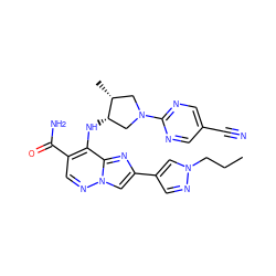 CCCn1cc(-c2cn3ncc(C(N)=O)c(N[C@H]4CN(c5ncc(C#N)cn5)C[C@H]4C)c3n2)cn1 ZINC001772619088