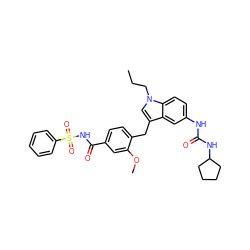 CCCn1cc(Cc2ccc(C(=O)NS(=O)(=O)c3ccccc3)cc2OC)c2cc(NC(=O)NC3CCCC3)ccc21 ZINC000029476474