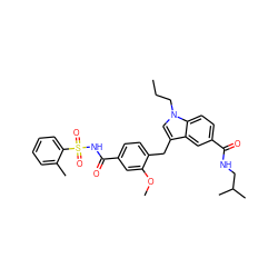 CCCn1cc(Cc2ccc(C(=O)NS(=O)(=O)c3ccccc3C)cc2OC)c2cc(C(=O)NCC(C)C)ccc21 ZINC000027330895