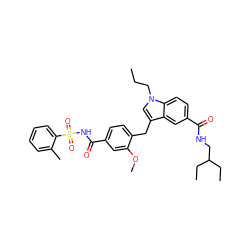 CCCn1cc(Cc2ccc(C(=O)NS(=O)(=O)c3ccccc3C)cc2OC)c2cc(C(=O)NCC(CC)CC)ccc21 ZINC000027327008