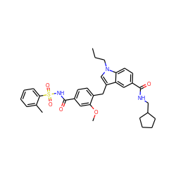 CCCn1cc(Cc2ccc(C(=O)NS(=O)(=O)c3ccccc3C)cc2OC)c2cc(C(=O)NCC3CCCC3)ccc21 ZINC000027330899