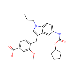 CCCn1cc(Cc2ccc(C(=O)O)cc2OC)c2cc(NC(=O)OC3CCCC3)ccc21 ZINC000013650713