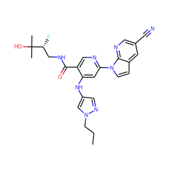 CCCn1cc(Nc2cc(-n3ccc4cc(C#N)cnc43)ncc2C(=O)NC[C@@H](F)C(C)(C)O)cn1 ZINC001772608919