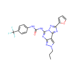 CCCn1cc2c(nc(NC(=O)Nc3ccc(C(F)(F)F)cc3)n3nc(-c4ccco4)nc23)n1 ZINC000013472354