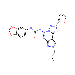 CCCn1cc2c(nc(NC(=O)Nc3ccc4c(c3)OCO4)n3nc(-c4ccco4)nc23)n1 ZINC000013472349