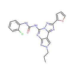 CCCn1cc2c(nc(NC(=O)Nc3ccccc3Cl)n3nc(-c4ccco4)nc23)n1 ZINC000013472357