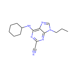 CCCn1cnc2c(NC3CCCCC3)nc(C#N)nc21 ZINC000014977751