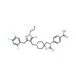 CCCn1nc(Cc2cc(F)c(F)cc2F)c(CN2CCC3(CC2)CN(c2ccc(C(=O)O)cc2)C(=O)O3)c1Cl ZINC000144524945