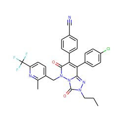 CCCn1nc2c(-c3ccc(Cl)cc3)c(-c3ccc(C#N)cc3)c(=O)n(Cc3ccc(C(F)(F)F)nc3C)n2c1=O ZINC000169334397