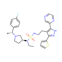 CCN([C@H]1CCN([C@H](C)c2ccc(F)cc2)C1)S(=O)(=O)NCCc1c(-c2cccs2)n[nH]c1-c1cnccn1 ZINC000473124793