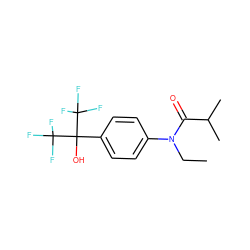 CCN(C(=O)C(C)C)c1ccc(C(O)(C(F)(F)F)C(F)(F)F)cc1 ZINC000013682546