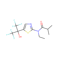 CCN(C(=O)C(C)C)c1ncc(C(O)(C(F)(F)F)C(F)(F)F)s1 ZINC000036184807