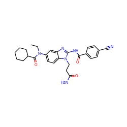 CCN(C(=O)C1CCCCC1)c1ccc2c(c1)nc(NC(=O)c1ccc(C#N)cc1)n2CCC(N)=O ZINC000040861102