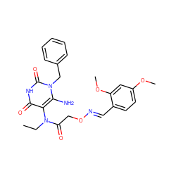 CCN(C(=O)CO/N=C/c1ccc(OC)cc1OC)c1c(N)n(Cc2ccccc2)c(=O)[nH]c1=O ZINC000009506937