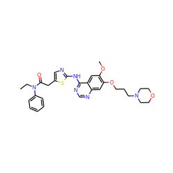 CCN(C(=O)Cc1cnc(Nc2ncnc3cc(OCCCN4CCOCC4)c(OC)cc23)s1)c1ccccc1 ZINC000028568615