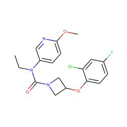 CCN(C(=O)N1CC(Oc2ccc(F)cc2Cl)C1)c1ccc(OC)nc1 ZINC000049070498