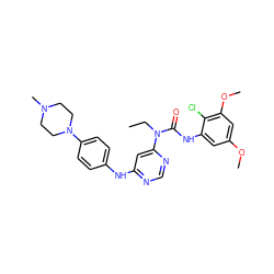 CCN(C(=O)Nc1cc(OC)cc(OC)c1Cl)c1cc(Nc2ccc(N3CCN(C)CC3)cc2)ncn1 ZINC000072122794