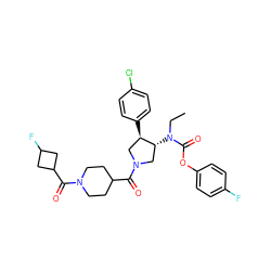 CCN(C(=O)Oc1ccc(F)cc1)[C@@H]1CN(C(=O)C2CCN(C(=O)C3CC(F)C3)CC2)C[C@H]1c1ccc(Cl)cc1 ZINC000117731513