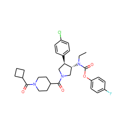 CCN(C(=O)Oc1ccc(F)cc1)[C@@H]1CN(C(=O)C2CCN(C(=O)C3CCC3)CC2)C[C@H]1c1ccc(Cl)cc1 ZINC000117712748