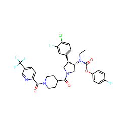 CCN(C(=O)Oc1ccc(F)cc1)[C@@H]1CN(C(=O)C2CCN(C(=O)c3ccc(C(F)(F)F)cn3)CC2)C[C@H]1c1ccc(Cl)c(F)c1 ZINC000163874066