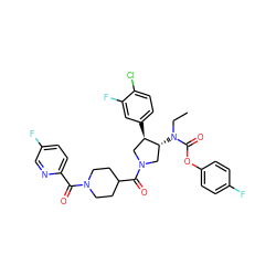 CCN(C(=O)Oc1ccc(F)cc1)[C@@H]1CN(C(=O)C2CCN(C(=O)c3ccc(F)cn3)CC2)C[C@H]1c1ccc(Cl)c(F)c1 ZINC000117704724