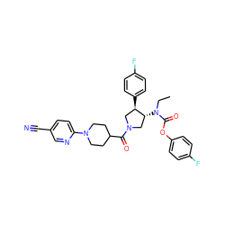 CCN(C(=O)Oc1ccc(F)cc1)[C@@H]1CN(C(=O)C2CCN(c3ccc(C#N)cn3)CC2)C[C@H]1c1ccc(F)cc1 ZINC000117707974