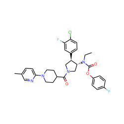 CCN(C(=O)Oc1ccc(F)cc1)[C@@H]1CN(C(=O)C2CCN(c3ccc(C)cn3)CC2)C[C@H]1c1ccc(Cl)c(F)c1 ZINC000117731582