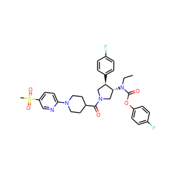 CCN(C(=O)Oc1ccc(F)cc1)[C@@H]1CN(C(=O)C2CCN(c3ccc(S(C)(=O)=O)cn3)CC2)C[C@H]1c1ccc(F)cc1 ZINC000117711291