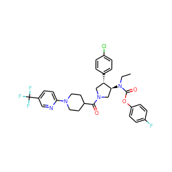 CCN(C(=O)Oc1ccc(F)cc1)[C@H]1CN(C(=O)C2CCN(c3ccc(C(F)(F)F)cn3)CC2)C[C@@H]1c1ccc(Cl)cc1 ZINC000117712661