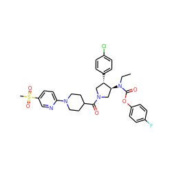 CCN(C(=O)Oc1ccc(F)cc1)[C@H]1CN(C(=O)C2CCN(c3ccc(S(C)(=O)=O)cn3)CC2)C[C@@H]1c1ccc(Cl)cc1 ZINC000117715536