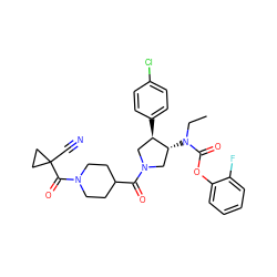 CCN(C(=O)Oc1ccccc1F)[C@@H]1CN(C(=O)C2CCN(C(=O)C3(C#N)CC3)CC2)C[C@H]1c1ccc(Cl)cc1 ZINC000117722238