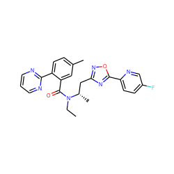 CCN(C(=O)c1cc(C)ccc1-c1ncccn1)[C@@H](C)Cc1noc(-c2ccc(F)cn2)n1 ZINC000210471382