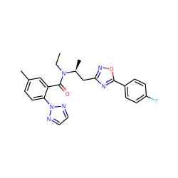 CCN(C(=O)c1cc(C)ccc1-n1nccn1)[C@@H](C)Cc1noc(-c2ccc(F)cc2)n1 ZINC000210434470