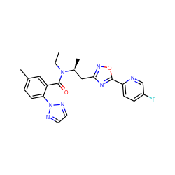 CCN(C(=O)c1cc(C)ccc1-n1nccn1)[C@@H](C)Cc1noc(-c2ccc(F)cn2)n1 ZINC000210460652