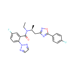 CCN(C(=O)c1cc(F)ccc1-n1nccn1)[C@@H](C)Cc1noc(-c2ccc(F)cc2)n1 ZINC000210438085