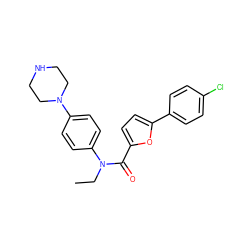 CCN(C(=O)c1ccc(-c2ccc(Cl)cc2)o1)c1ccc(N2CCNCC2)cc1 ZINC000084596616