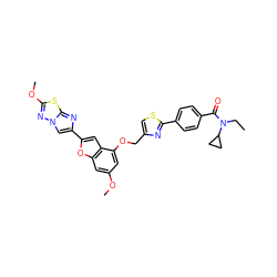 CCN(C(=O)c1ccc(-c2nc(COc3cc(OC)cc4oc(-c5cn6nc(OC)sc6n5)cc34)cs2)cc1)C1CC1 ZINC000653677641