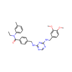 CCN(C(=O)c1ccc(CNc2ncnc(NCc3ccc(OC)c(OC)c3)n2)cc1)c1cccc(C)c1 ZINC000140787263