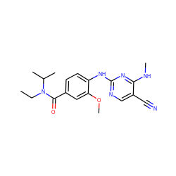 CCN(C(=O)c1ccc(Nc2ncc(C#N)c(NC)n2)c(OC)c1)C(C)C ZINC000169705124