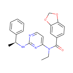 CCN(C(=O)c1ccc2c(c1)OCO2)c1ccnc(N[C@@H](C)c2ccccc2)n1 ZINC000049073425