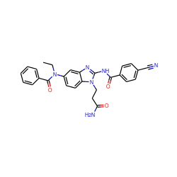 CCN(C(=O)c1ccccc1)c1ccc2c(c1)nc(NC(=O)c1ccc(C#N)cc1)n2CCC(N)=O ZINC000040873055