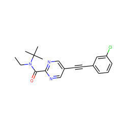 CCN(C(=O)c1ncc(C#Cc2cccc(Cl)c2)cn1)C(C)(C)C ZINC000208989049